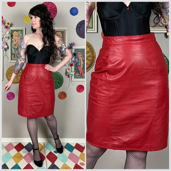 Vintage Dresses & Skirts - Vintage 1980s Cherry Red High Waisted Leather Mini Skirt